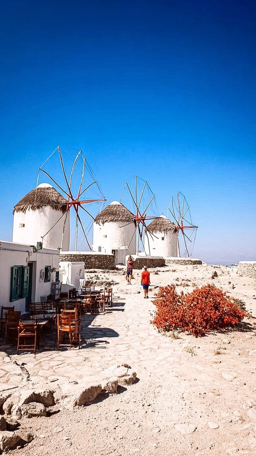 A beautiful view of white buildings and blue water in Mykonos Greece