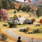 A scenic view of a covered bridge in Woodstock Vermont surrounded by orange autumn leaves