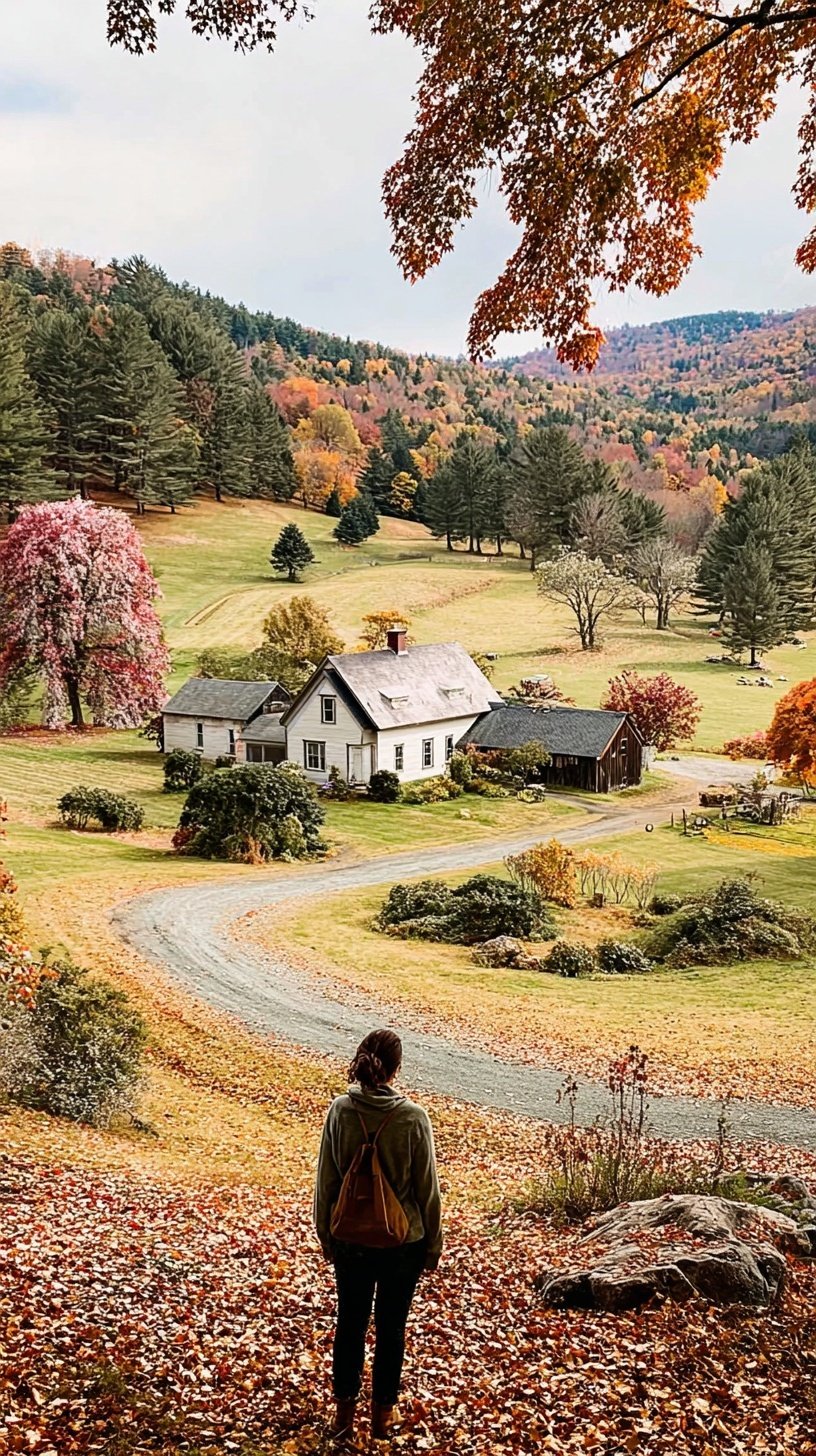 A scenic view of a covered bridge in Woodstock Vermont surrounded by orange autumn leaves