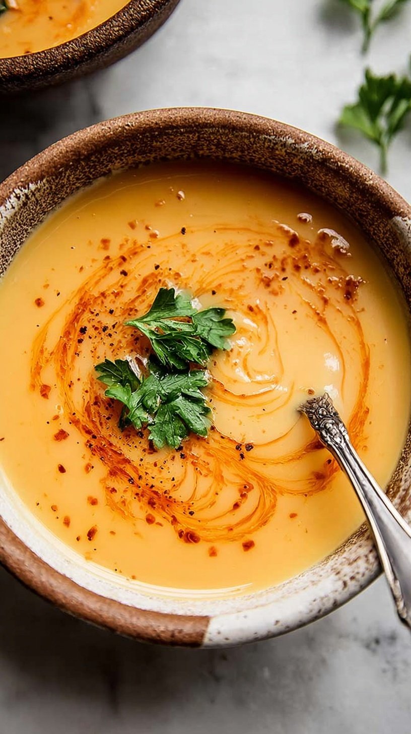 A bowl of creamy Turkish red lentil soup drizzled with red chili butter and served with lemon wedges.