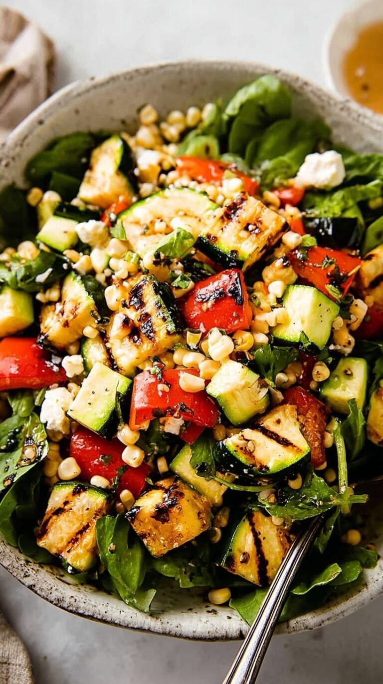 A colorful bowl of grilled zucchini salad with charred corn, sweet peppers, and feta cheese
