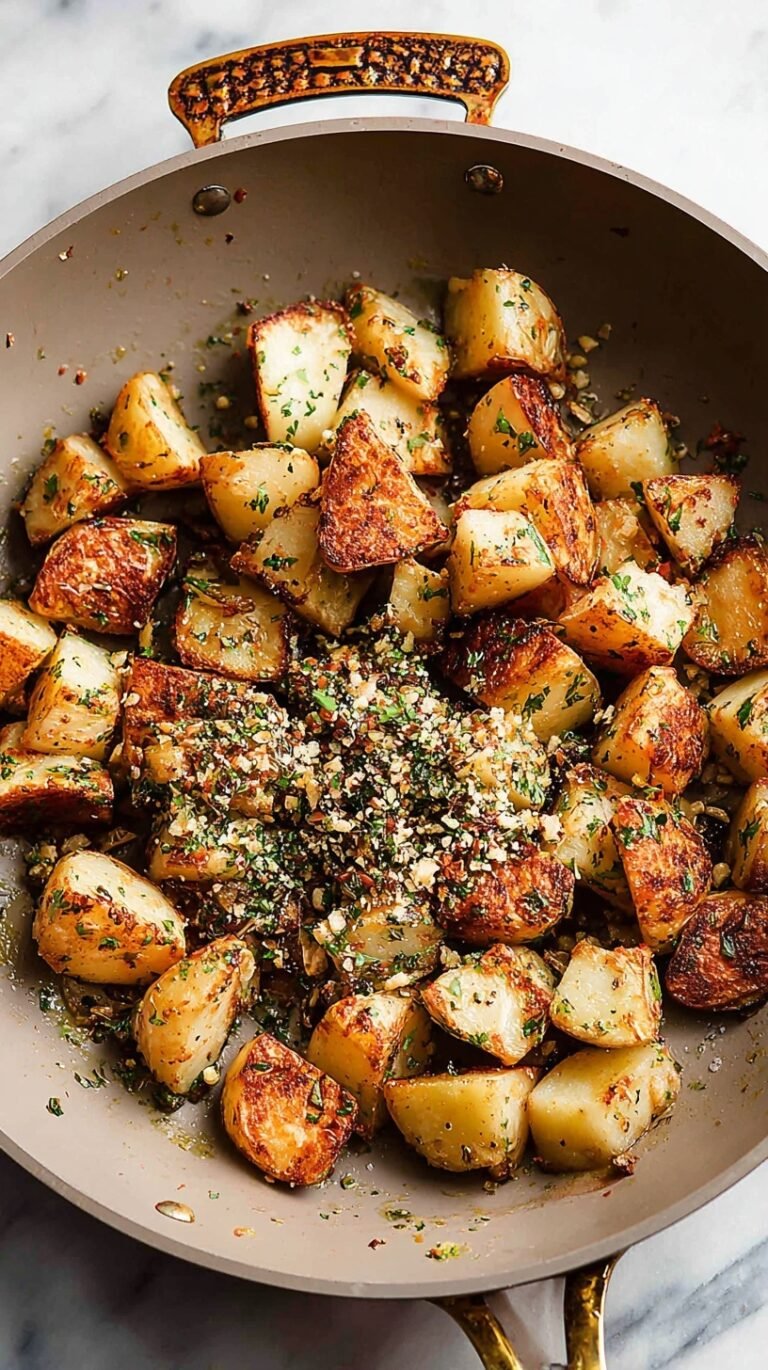 Golden crispy potato cubes tossed with fresh cilantro, garlic, and red chili in a skillet.
