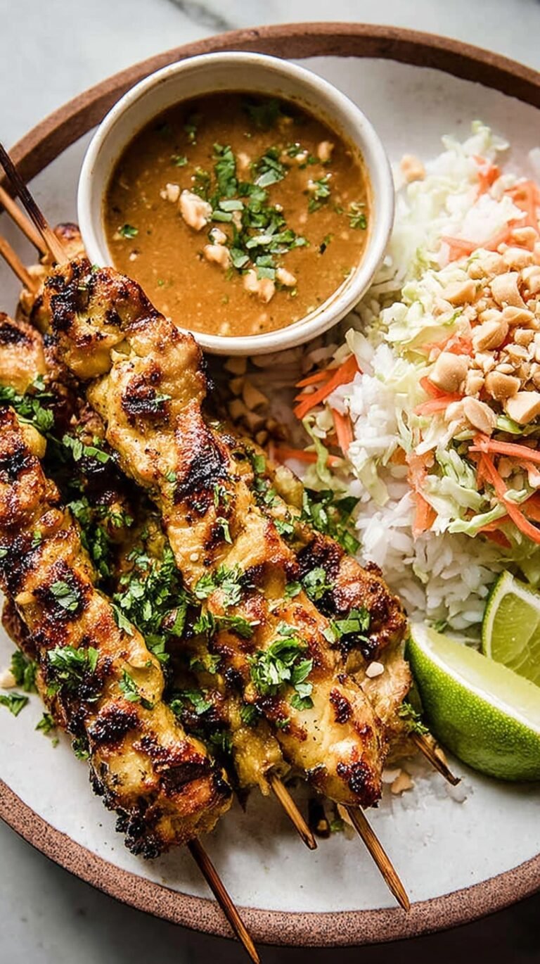 Grilled chicken skewers on a platter with a bowl of peanut dipping sauce