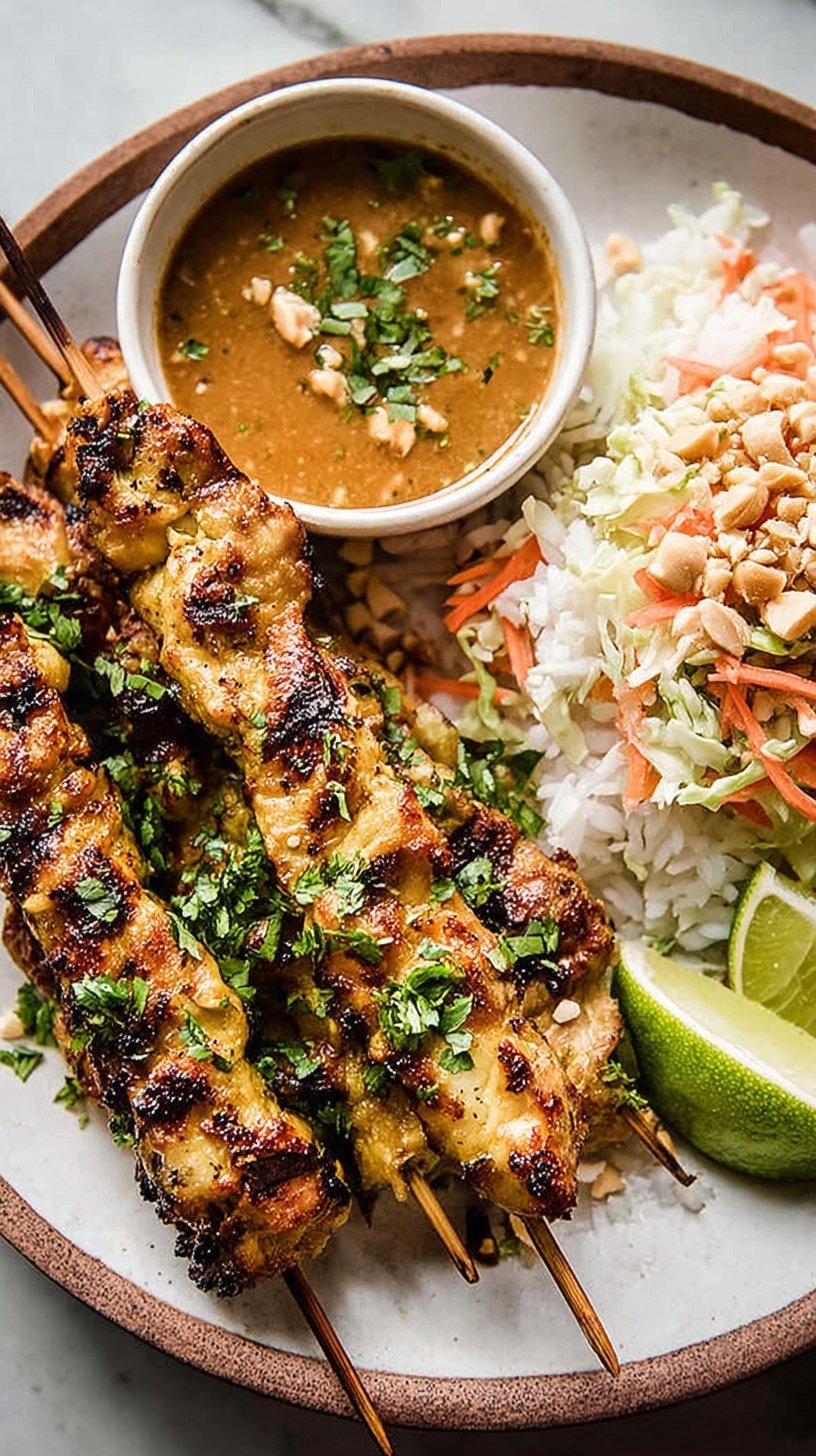 Grilled chicken skewers on a platter with a bowl of peanut dipping sauce