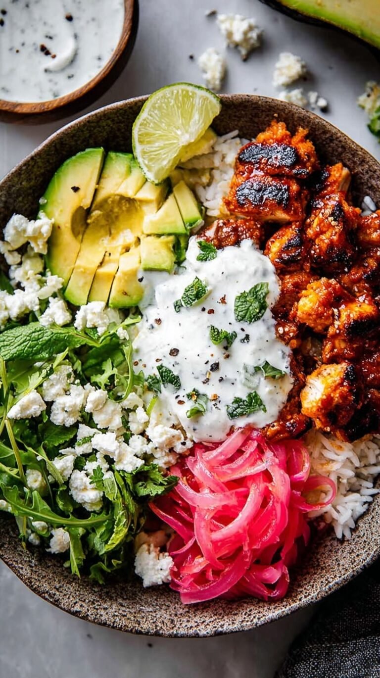 A vibrant grain bowl with glazed chicken, cucumber, tomatoes, and white sauce