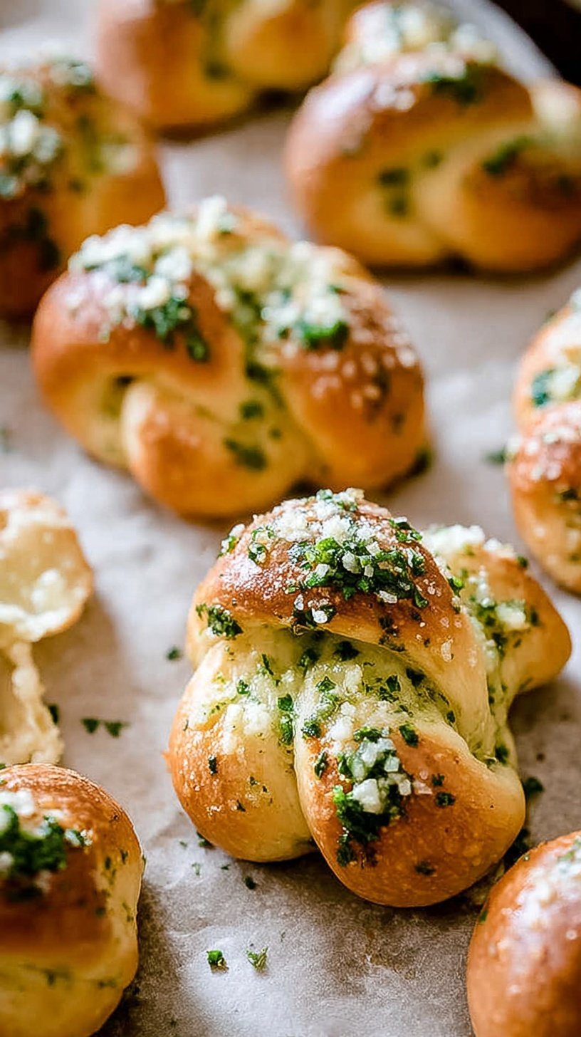 Golden brown garlic knots tossed in melted butter, fresh parsley, and grated parmesan cheese on a white platter.