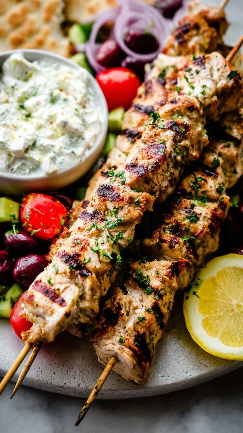 Grilled Greek chicken skewers with lemon and herbs on a platter.