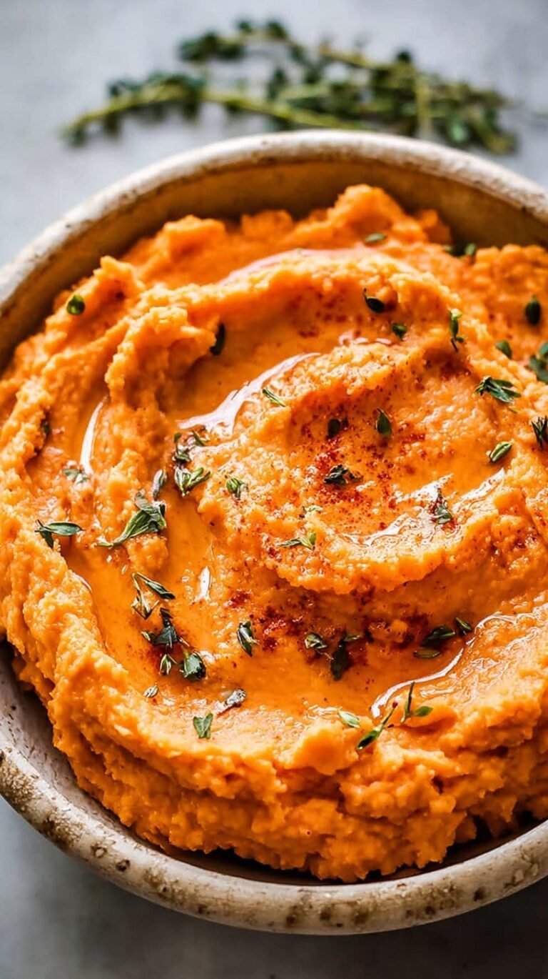 A bowl of smooth, orange sweet potato mash topped with a pat of melting butter and a drizzle of maple syrup