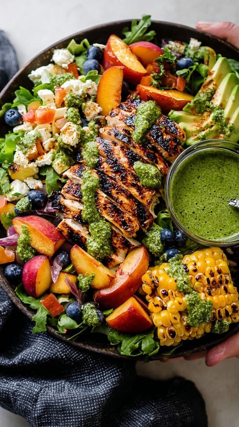 A large platter of Summer Chicken Cobb Salad with rows of grilled chicken, peaches, charred corn, avocado, and eggs.