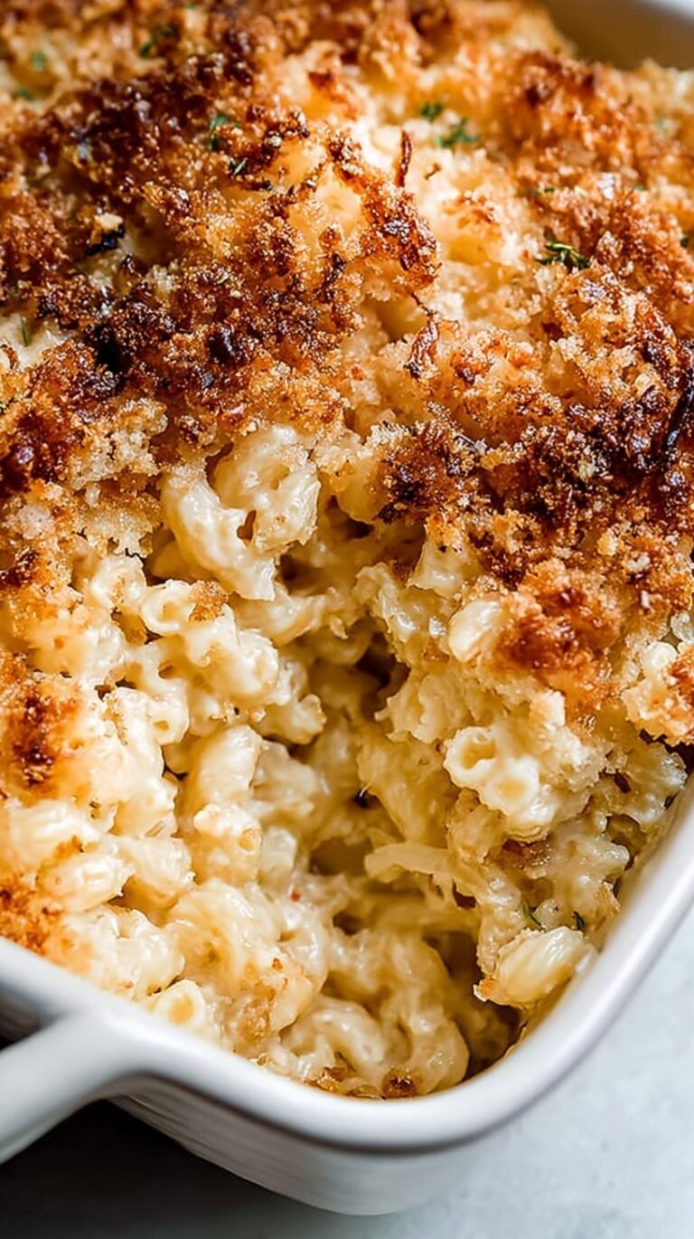 A golden brown casserole of Gruyere mac and cheese topped with crispy onions and fresh thyme.