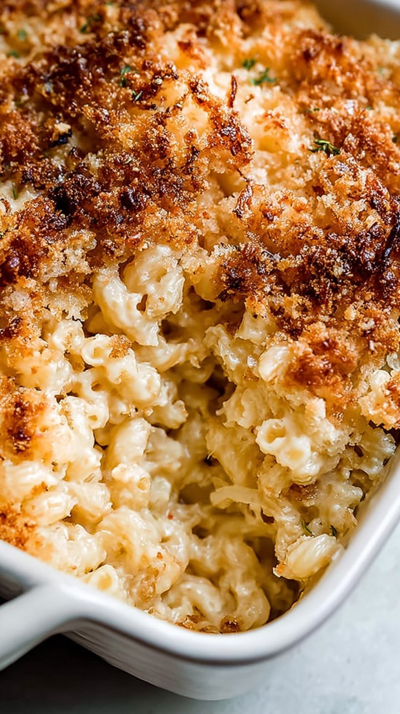 A golden brown casserole of Gruyere mac and cheese topped with crispy onions and fresh thyme.