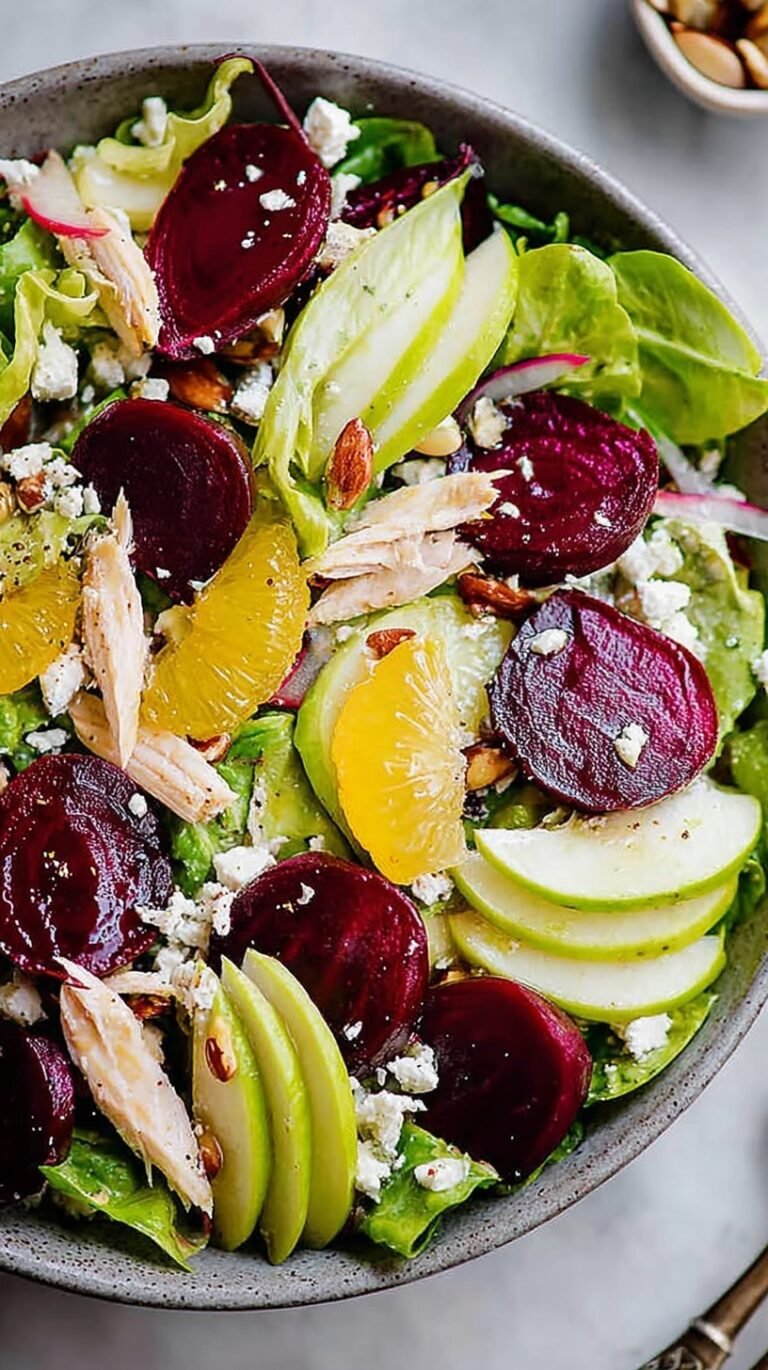 A vibrant pickled beet salad with greens, goat cheese, and walnuts on a white platter.
