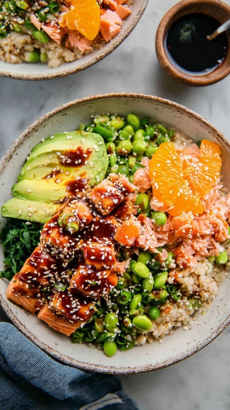 A colorful bowl of glazed salmon cubes, jasmine rice, sliced cucumbers, and julienned carrots topped with sesame seeds.
