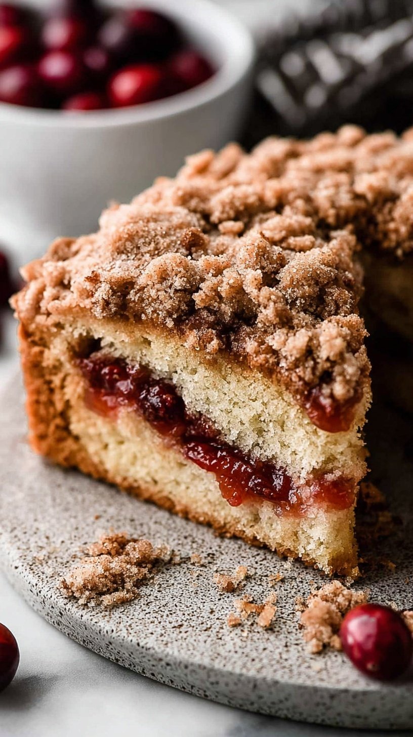 A square slice of cranberry sauce coffee cake with a thick layer of red berries and golden streusel topping on a white plate.