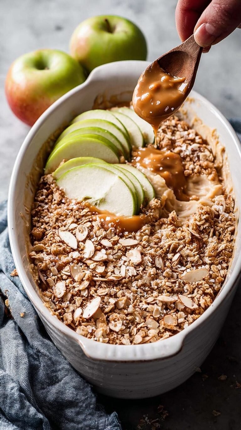 A layered caramel apple dip topped with toffee bits and sea salt served with green apple slices