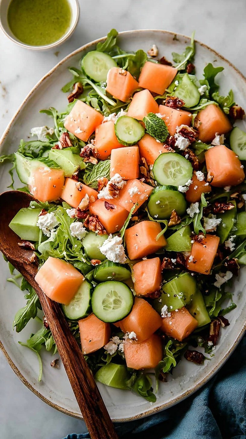 A bright bowl of cucumber melon salad with fresh mint and crumbled feta cheese.