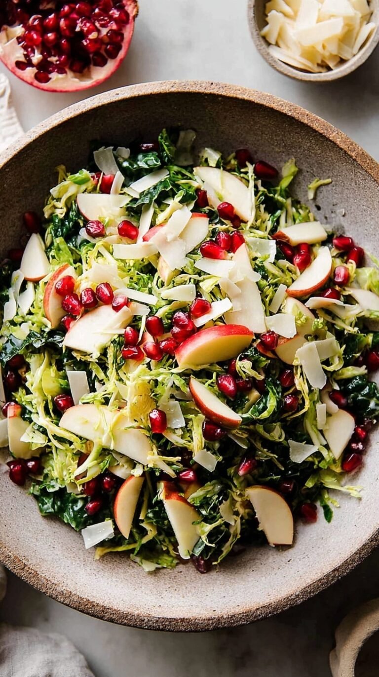 A bright bowl of shaved Brussels sprout salad topped with apple slices, pomegranate arils, and ribbons of Manchego cheese.