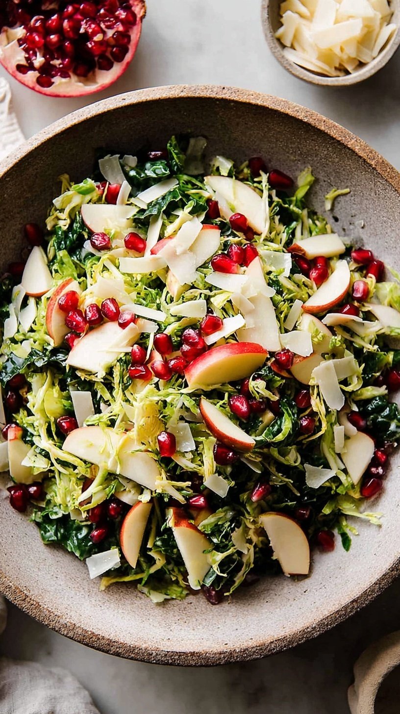 A bright bowl of shaved Brussels sprout salad topped with apple slices, pomegranate arils, and ribbons of Manchego cheese.