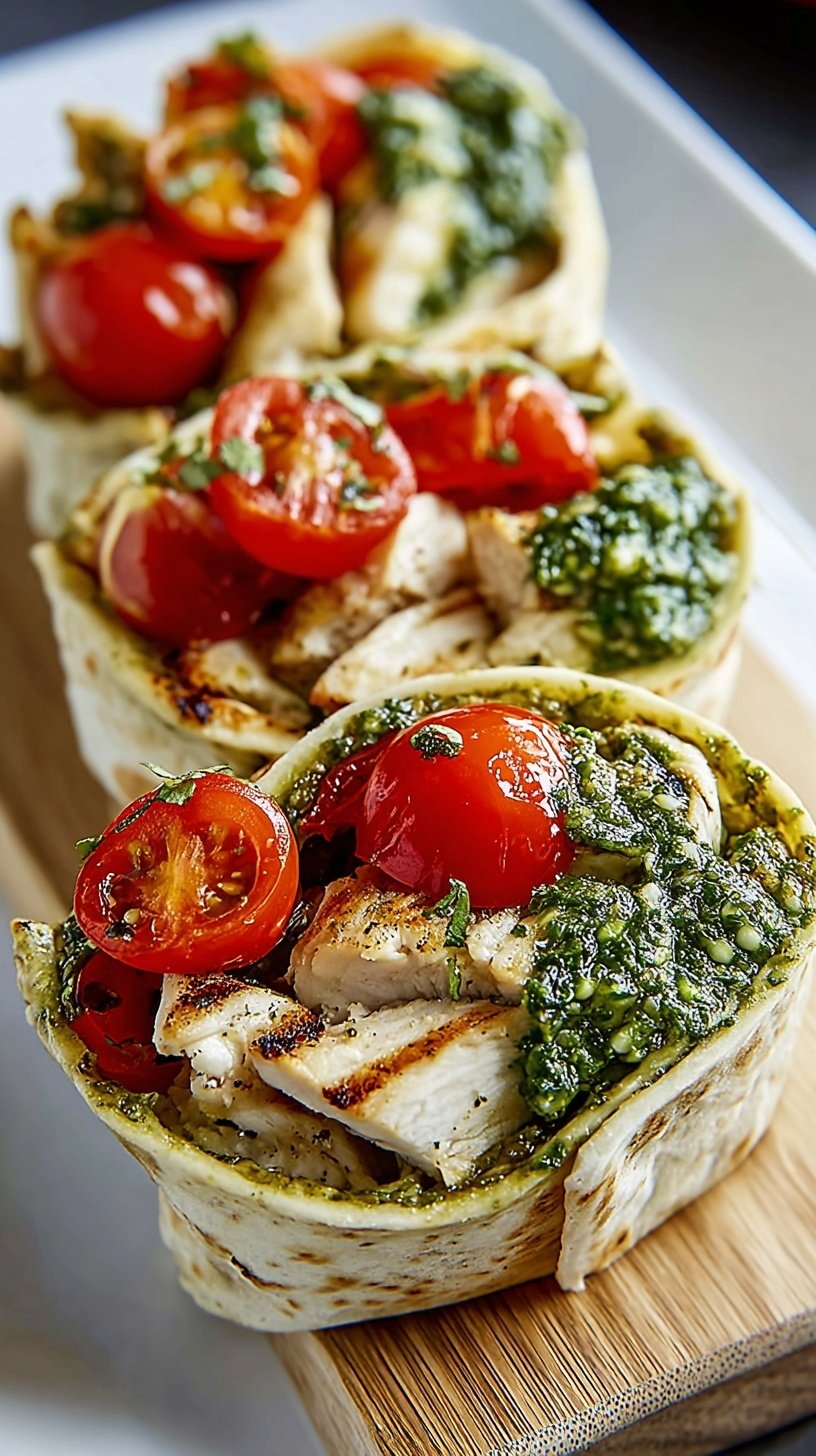 Four golden-brown chicken pesto wraps filled with fresh tomato bruschetta and melted mozzarella pearls on a wooden serving board.