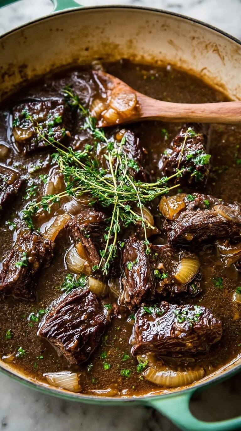 A tender cider pot roast served on a platter with glazed carrots and caramelized onions.