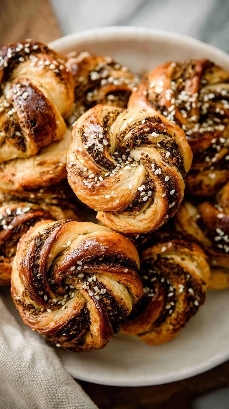 Golden brown twisted puff pastry sticks coated in green za'atar spice blend on a baking sheet.