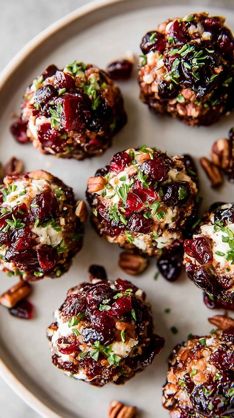 Small goat cheese balls coated in red cranberries and green chives on a white platter with honey drizzle
