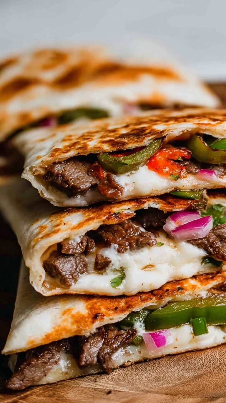 Golden brown chipotle steak quesadillas filled with melted cheese, peppers, and onions on a wooden board.