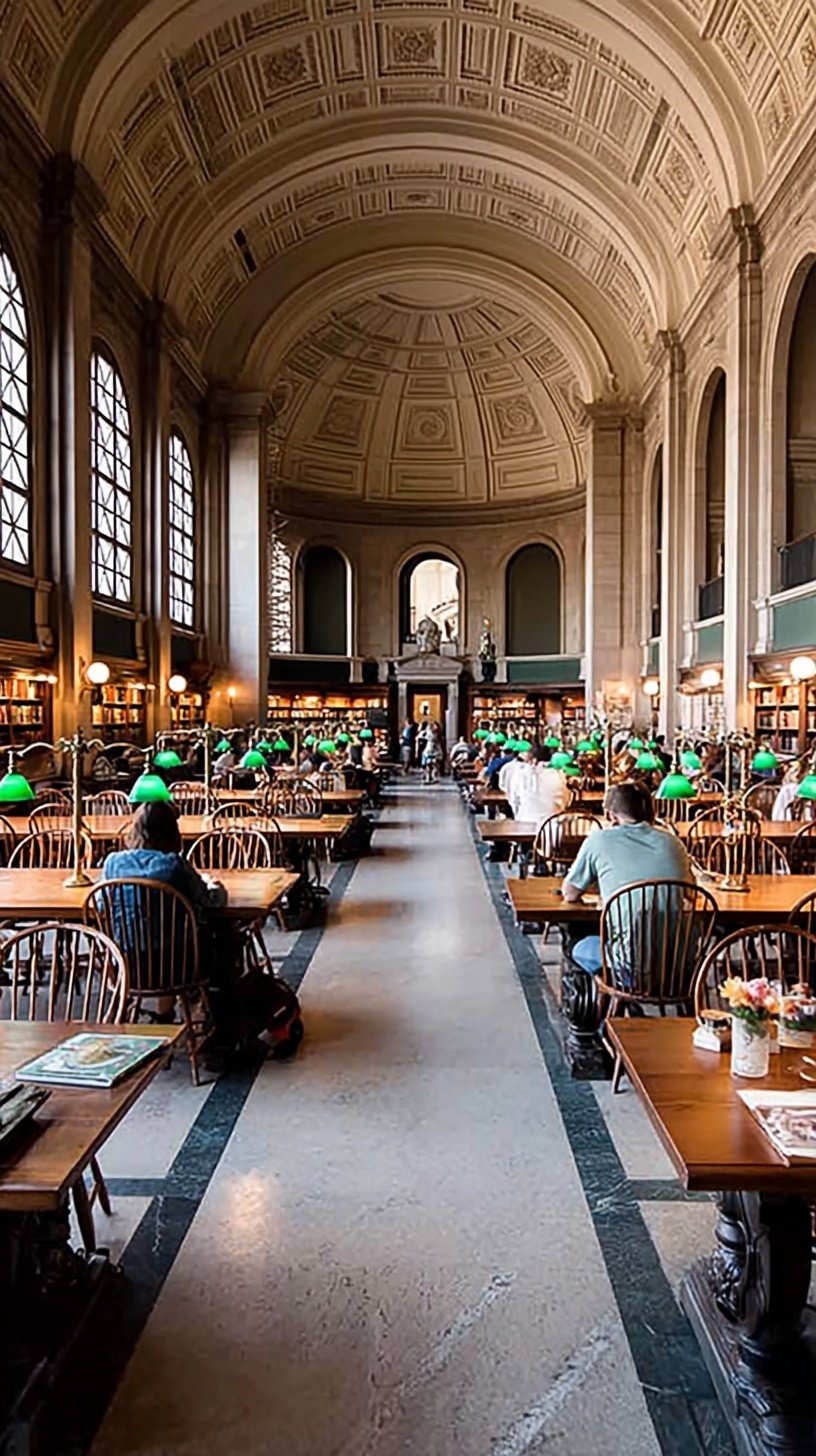 A scenic view of the Boston Public Garden with a Swan Boat on the water during a crisp fall day.