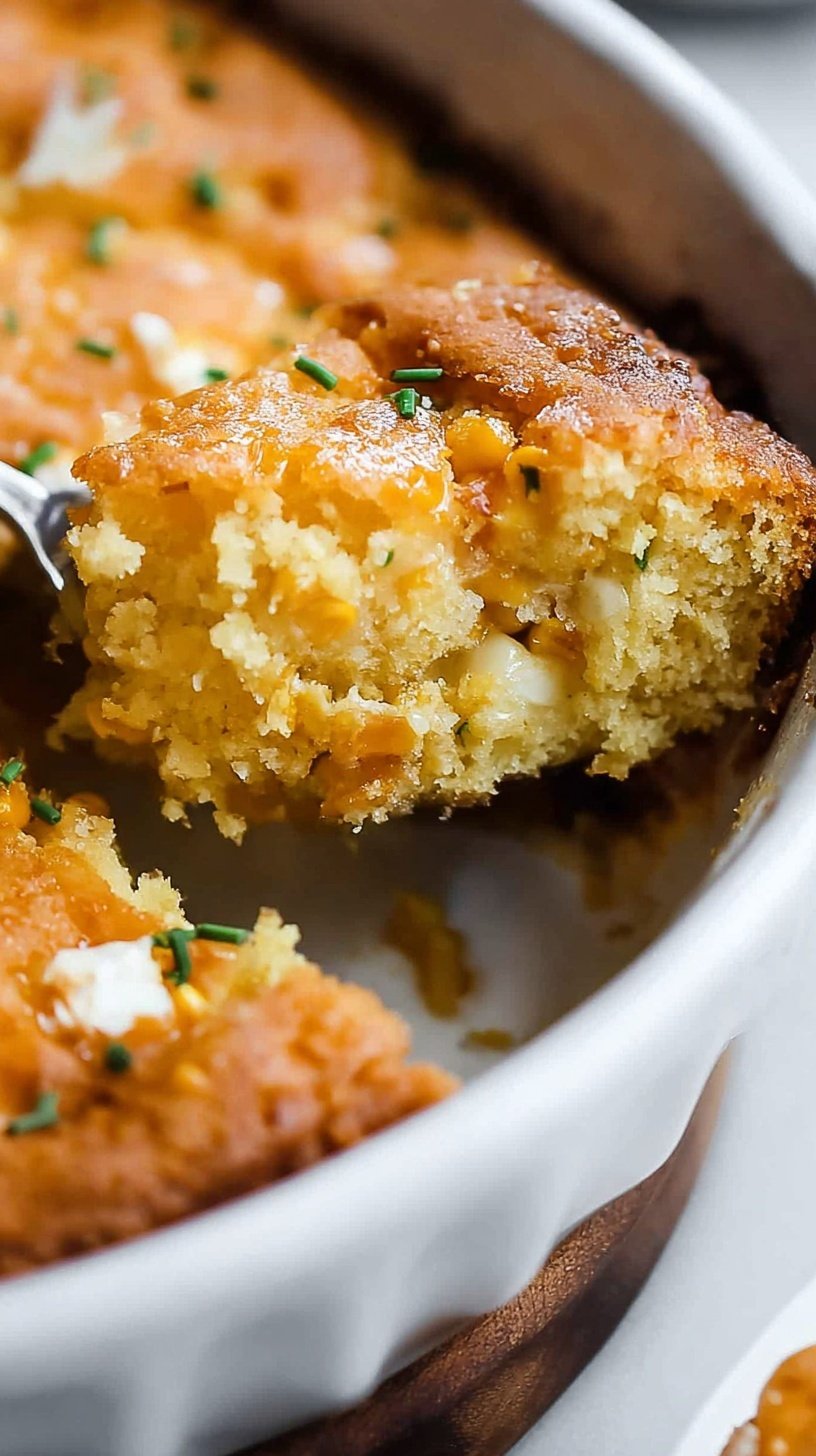 A golden brown Jiffy corn casserole in a white baking dish with melted cheddar cheese on top.