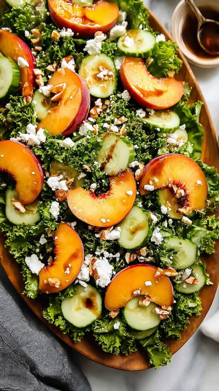 A fresh sweet peach salad with mixed greens, goat cheese crumbles, and toasted pecans on a white plate.