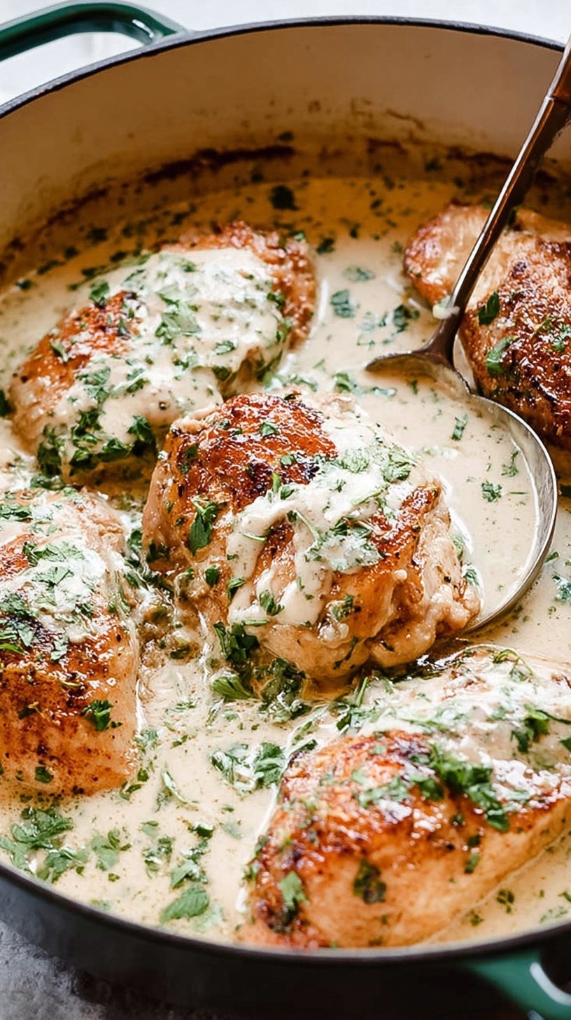 A golden brown chicken breast covered in a creamy lemon and cilantro sauce in a black skillet.