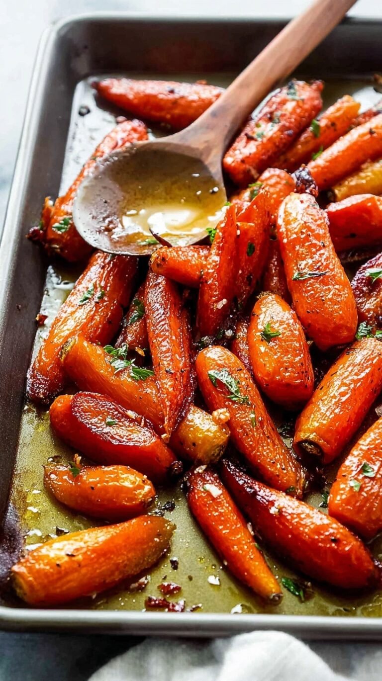 A tray of golden brown roasted carrots with garlic butter and fresh parsley