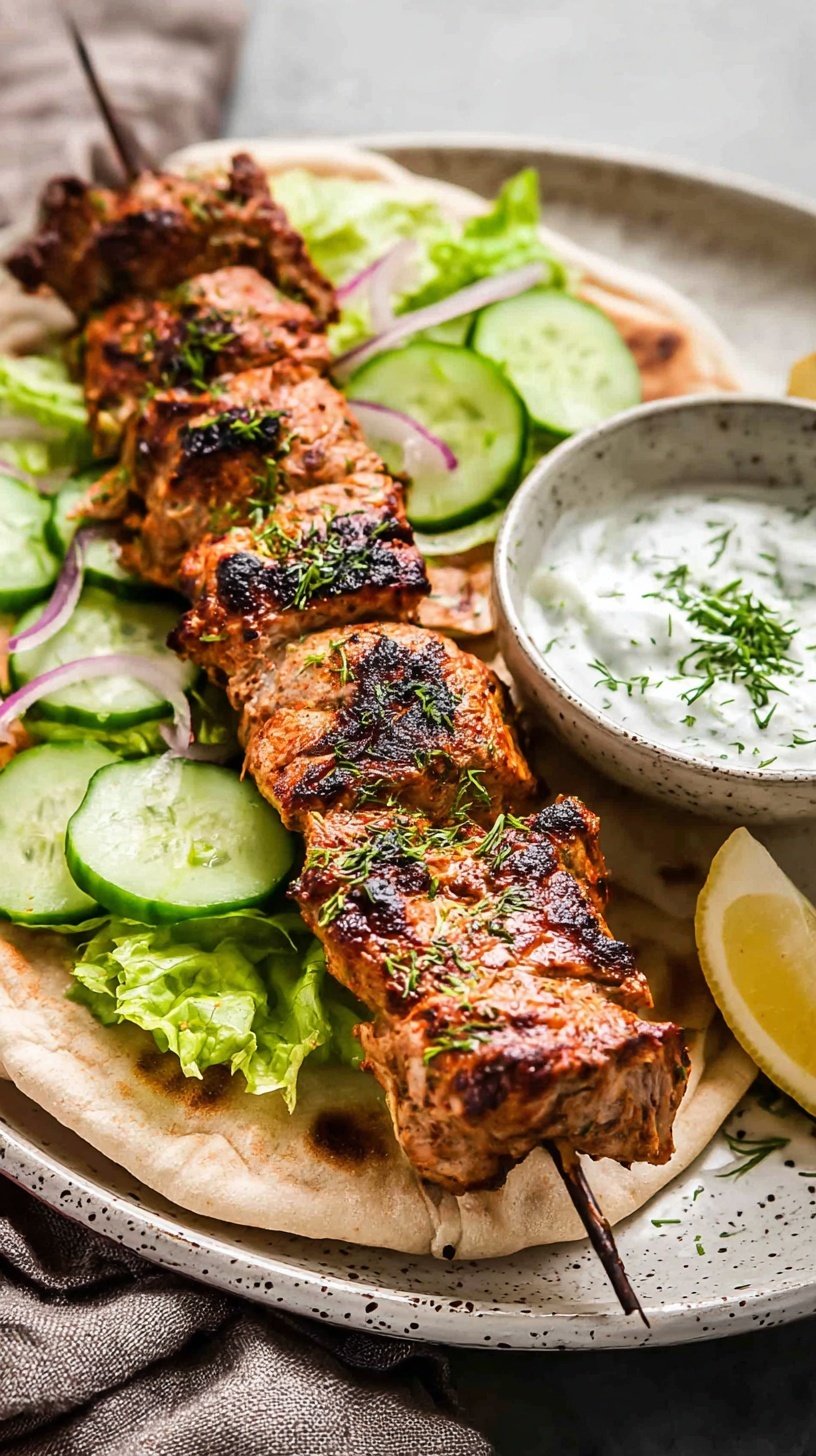 Grilled skewers of marinated chicken served with lemon and fresh herbs on a plate.