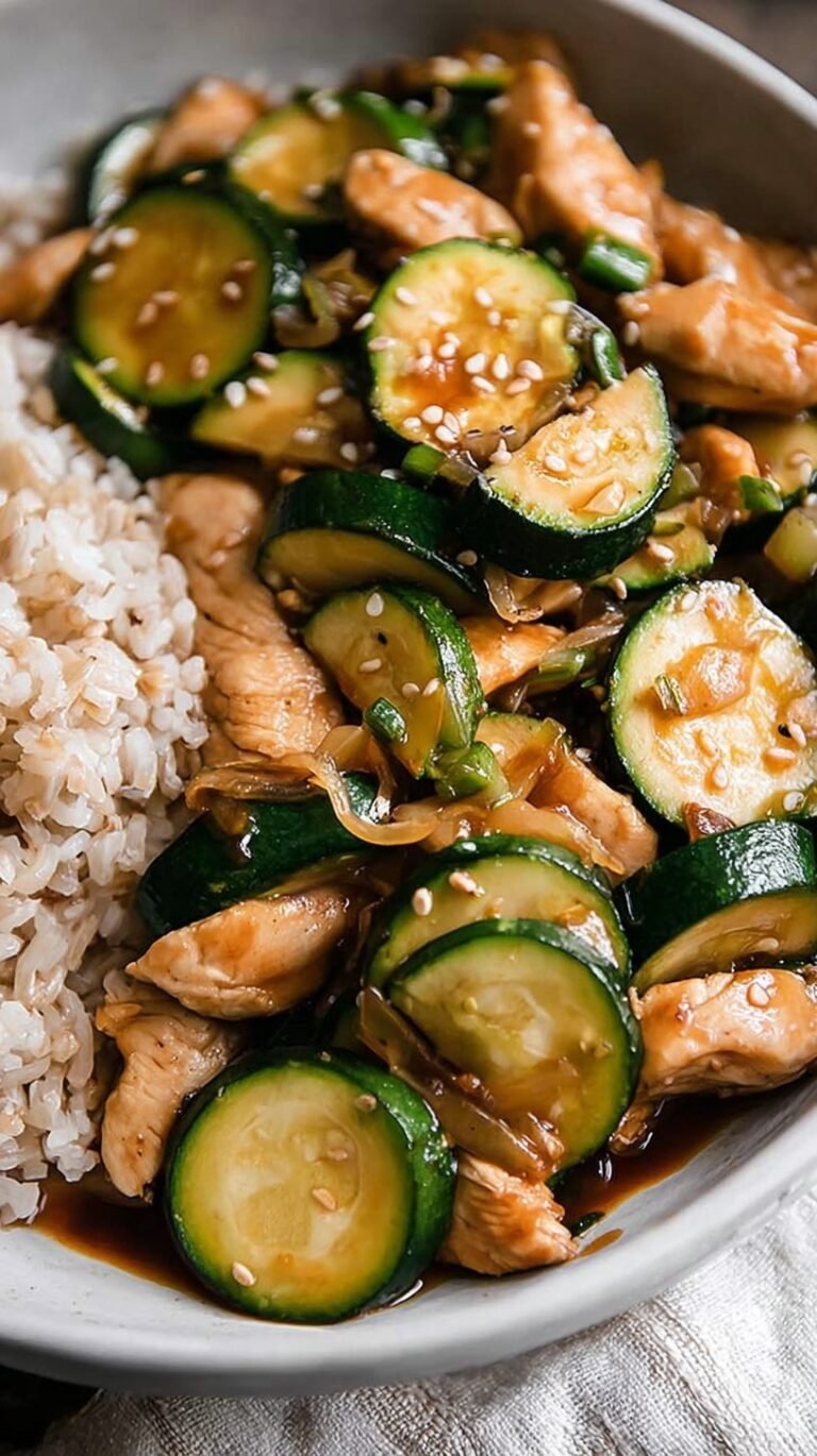 A colorful stir fry featuring golden chicken strips, green zucchini half-moons, and red bell peppers in a glossy citrus sauce