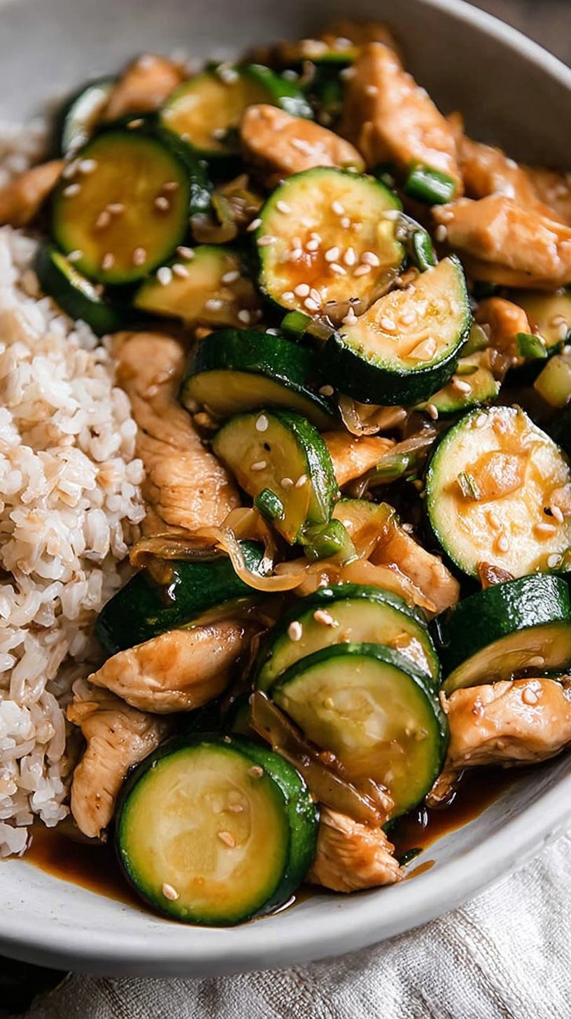 A colorful stir fry featuring golden chicken strips, green zucchini half-moons, and red bell peppers in a glossy citrus sauce