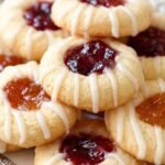 A platter of golden thumbprint cookies filled with red raspberry jam and orange apricot preserves, drizzled with white glaze.