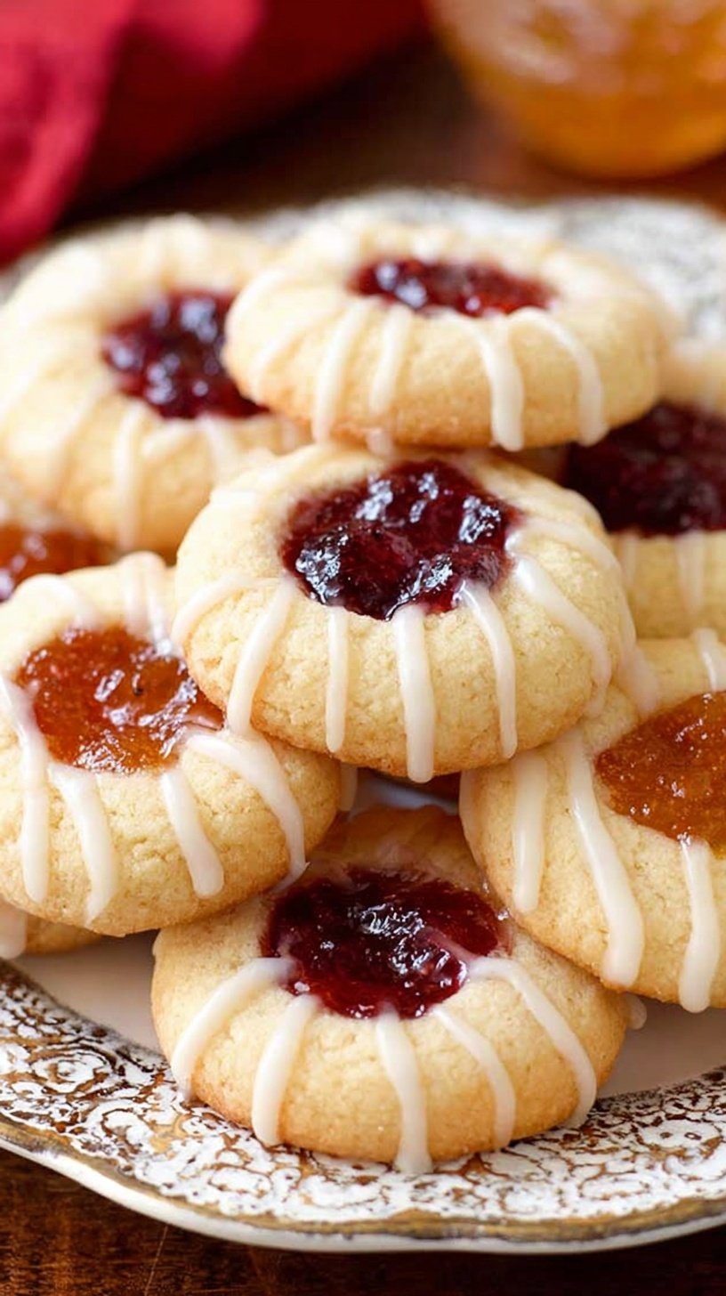 A platter of golden thumbprint cookies filled with red raspberry jam and orange apricot preserves, drizzled with white glaze.