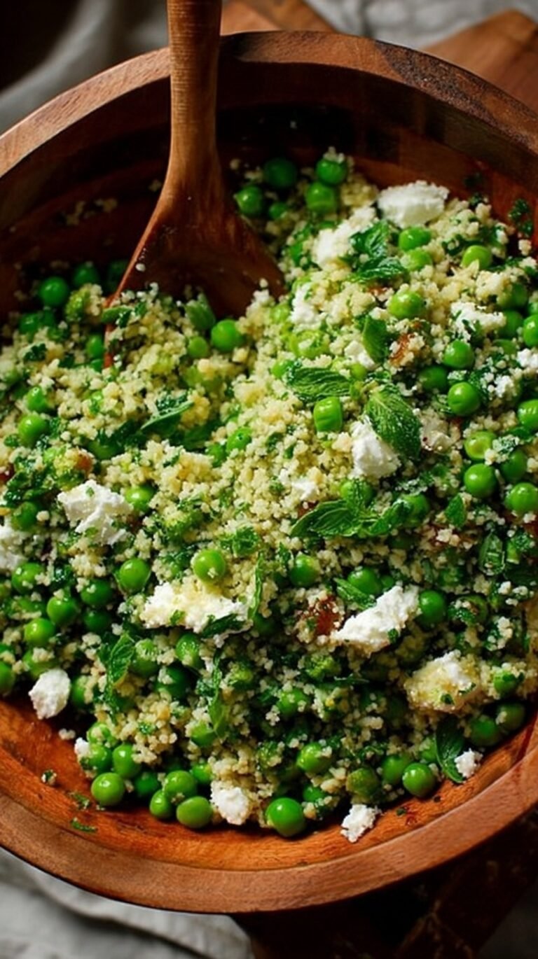 A bright green pearl couscous salad with peas, feta, and fresh basil dressing in a white bowl.