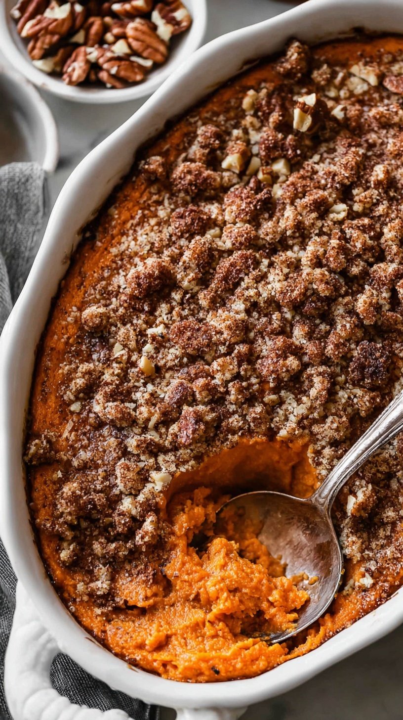 A golden brown sweet potato souffle in a white baking dish with a crunchy pecan crumble topping.