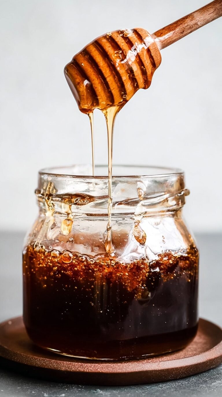 Golden homemade hot honey being drizzled from a wooden spoon into a glass jar.