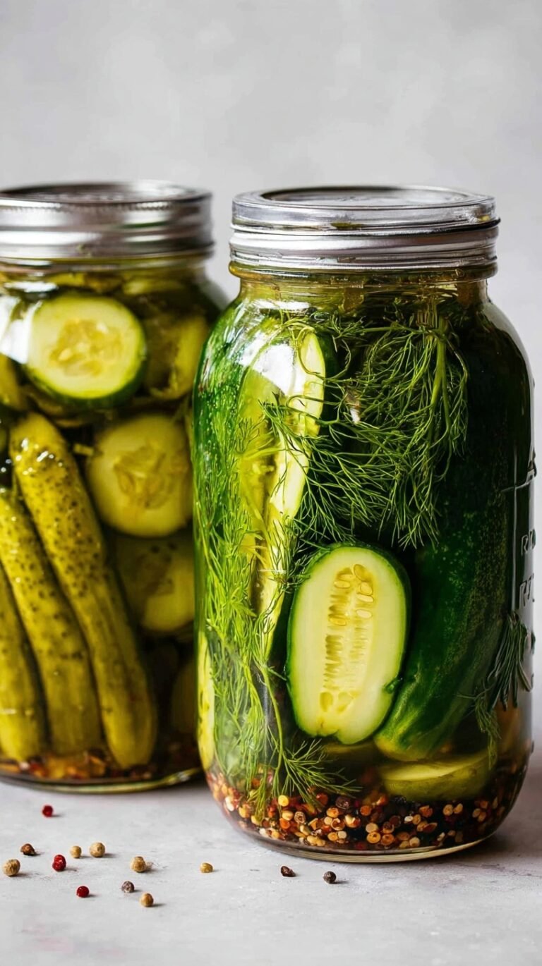 Two glass jars filled with sliced cucumbers in a clear brine with fresh dill and garlic.
