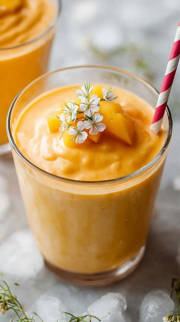 A tall glass of creamy orange mango lassi topped with a pinch of cardamom