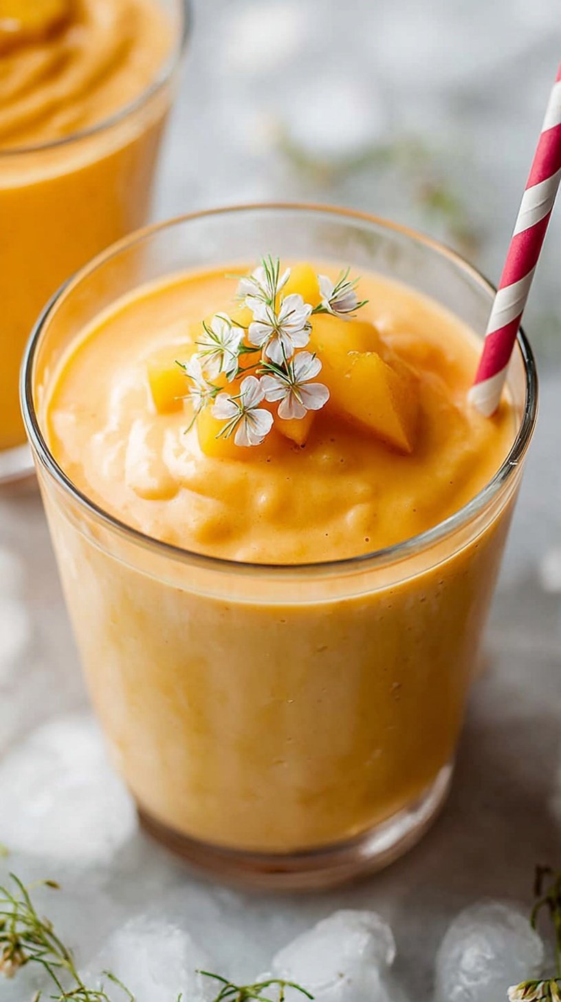 A tall glass of creamy orange mango lassi topped with a pinch of cardamom