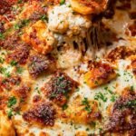 A skillet filled with cheesy ravioli lasagna topped with melted mozzarella and fresh parsley.