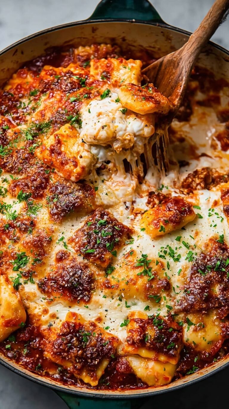 A skillet filled with cheesy ravioli lasagna topped with melted mozzarella and fresh parsley.