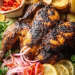 A whole spatchcock chicken roasted golden brown with spicy red peri peri sauce