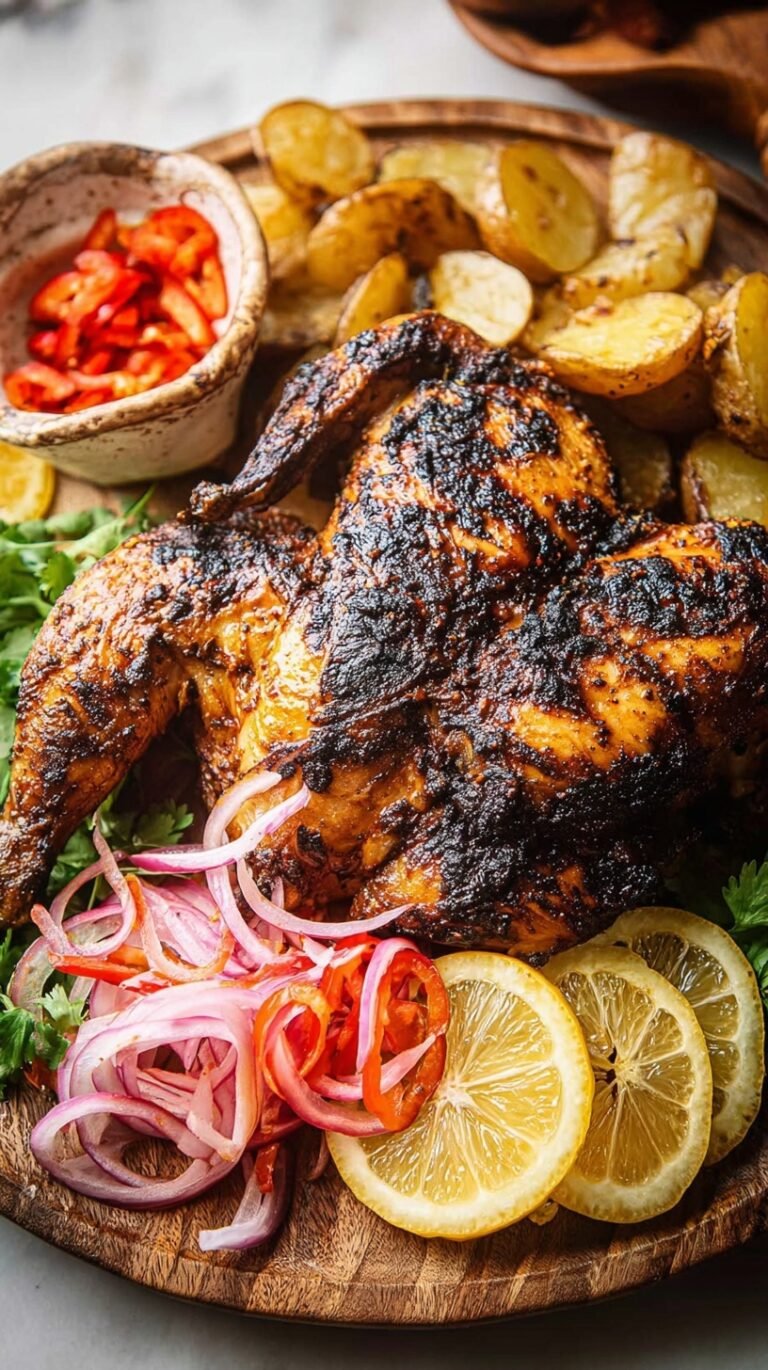 A whole spatchcock chicken roasted golden brown with spicy red peri peri sauce