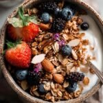 Golden brown honey almond granola on a baking sheet with sliced almonds and oats