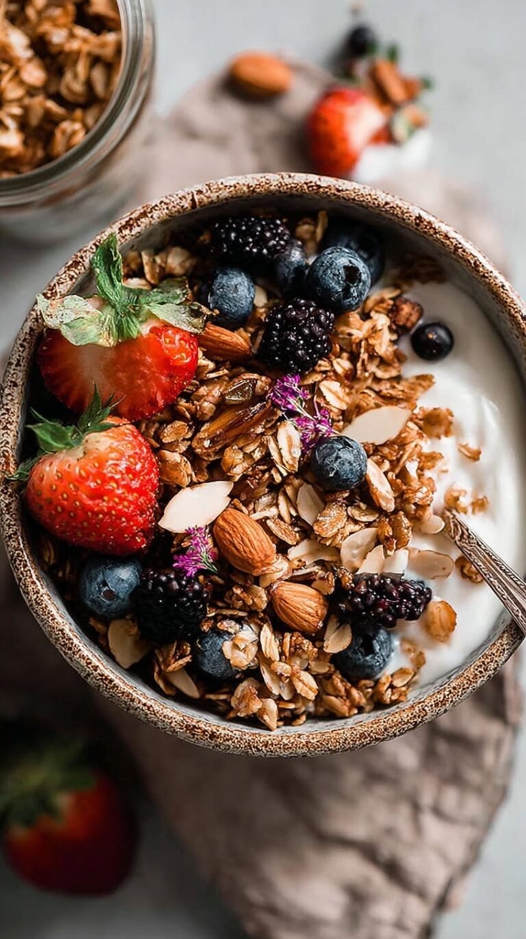 Golden brown honey almond granola on a baking sheet with sliced almonds and oats