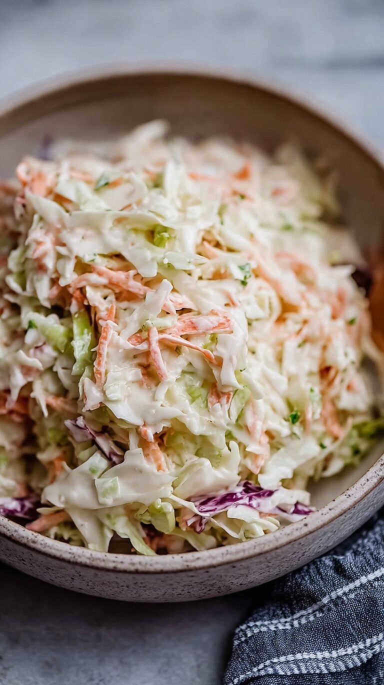 A bowl of creamy green cabbage and carrot coleslaw on a wooden table
